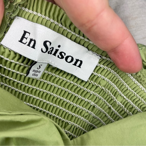 En Saison Green Puff Sleeve Cotton Mini Dress | Ruched Bodice | Size S - Picture 7 of 8